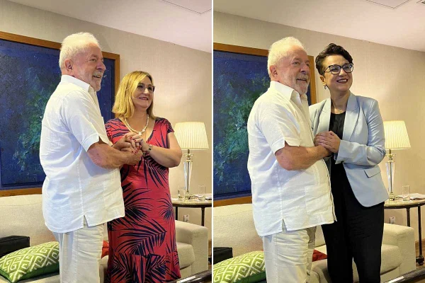 O presidente eleito Lula posa para fotos com as novas presidentes da Caixa e Banco do Brasil - Metrópoles