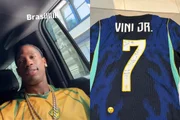 Travis Scott recebeu uma camisa autografada de Vini Jr. antes da estreia do Brasil Travis Scott recebeu uma camisa autografada de Vini Jr. antes da estreia do Brasil