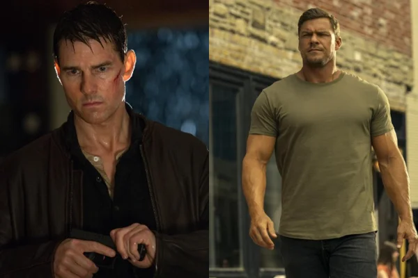 Montagem com fotos de Tom Cruise e Alan Ritchson, protagonistas em Reacher - Metrópoles