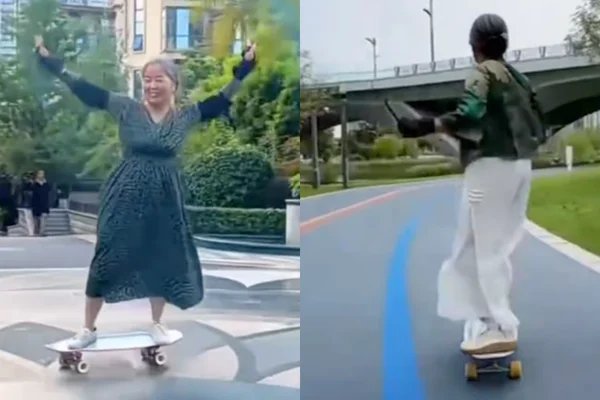 Vovó andando de skate