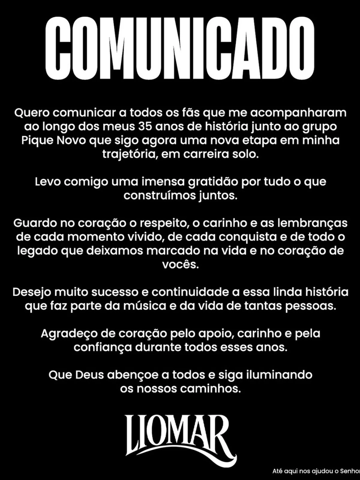 Liomar anunciou saída do grupo Pique Novo. Liomar anunciou saída do grupo Pique Novo.