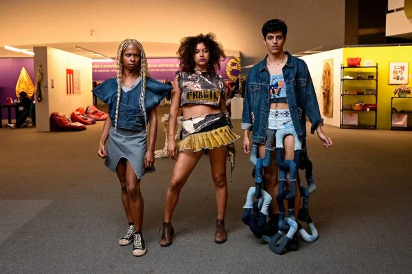 Três modelos posando para foto em evento de moda - Metrópoles
