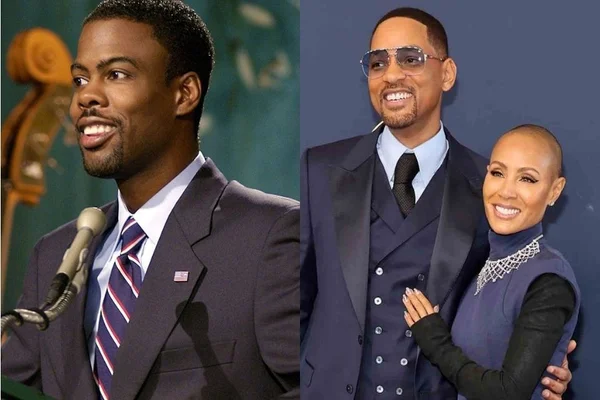 A montagem com duas fotos coloridas mostra o ator Chris Rock na foto da esquerda e o casal Will e Jada Smith na foto direita