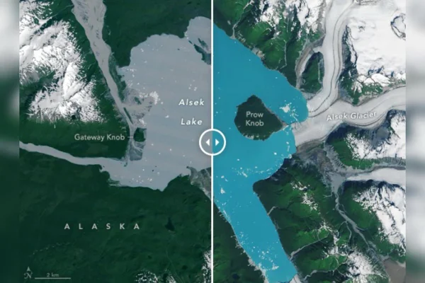 Uma massa de terra que antes estava envolta no gelo da Geleira Alsek agora está cercada por água. Metrópoles