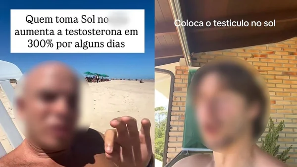 Montagem de capturas de telas de vídeos de criadores difundindo prática de tomar sol nos testículos