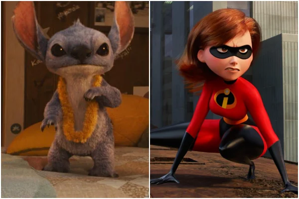 Montagem com fotos coloridas dos filmes Lilo & Stitch e Os Incríveis