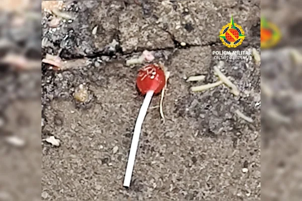 Imagem colorida de um pirulito vermelho, com cabo branco, caído sobre um chão de concreto