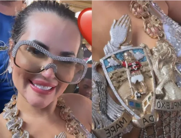 mulher loira sorrindo usando colar de R$ 200 mil