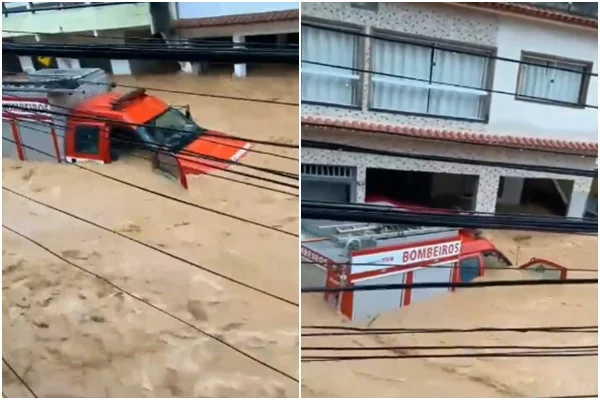 Imagem colorida mostra caminhão de bombeiros do espírito santo sendo carregado por chuva - Metrópoles