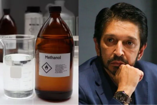 Imagem colorida mostra o prefeito de São Paulo, Ricardo Nunes, e frasco de metanol. Metrópoles
