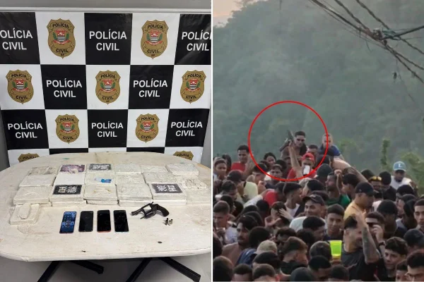 Imagem colorida mostra material apreendido em operação no litoral após tiros em baile