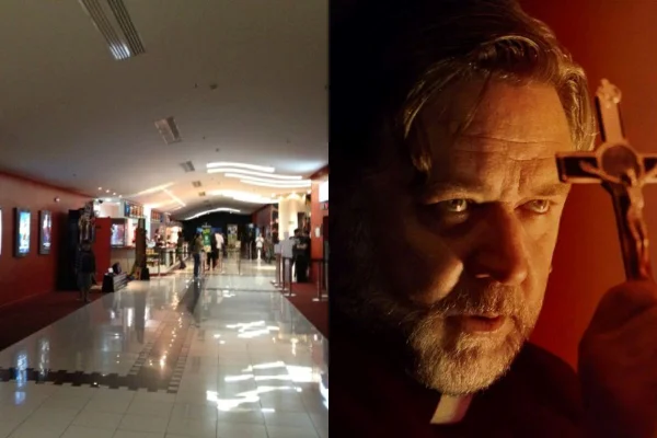 Montagem com um cinema à esquerda e um cartaz de filme à direita