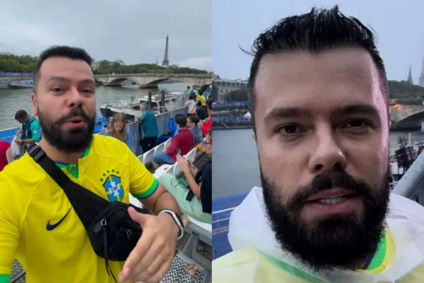 Montagem de fotos mostra Lucas Amadeu durante a abertura das olimpiadas de Paris