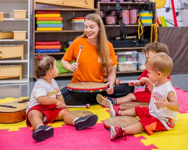 Fotografia colorida mostrando professora em aula de música com três crianças-Metrópoles