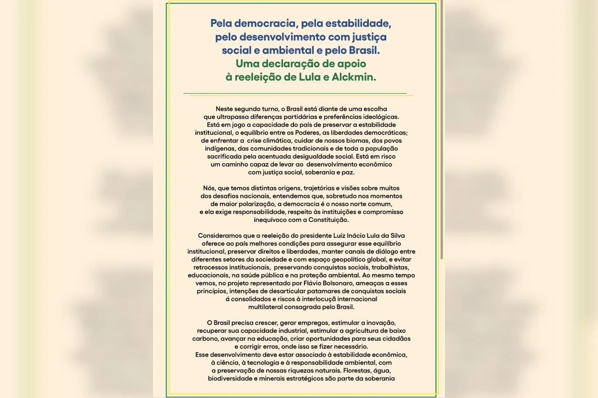 Personalidades de direita assinam manifesto em defesa da reeleição de Lula Personalidades de direita assinam manifesto em defesa da reeleição de Lula