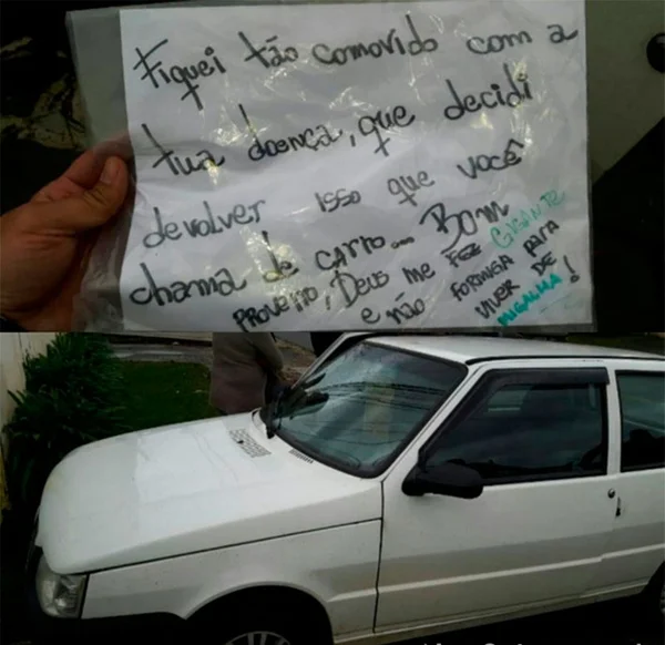 Ladrão comovido devolve carro e deixa bilhete debochando da vítima