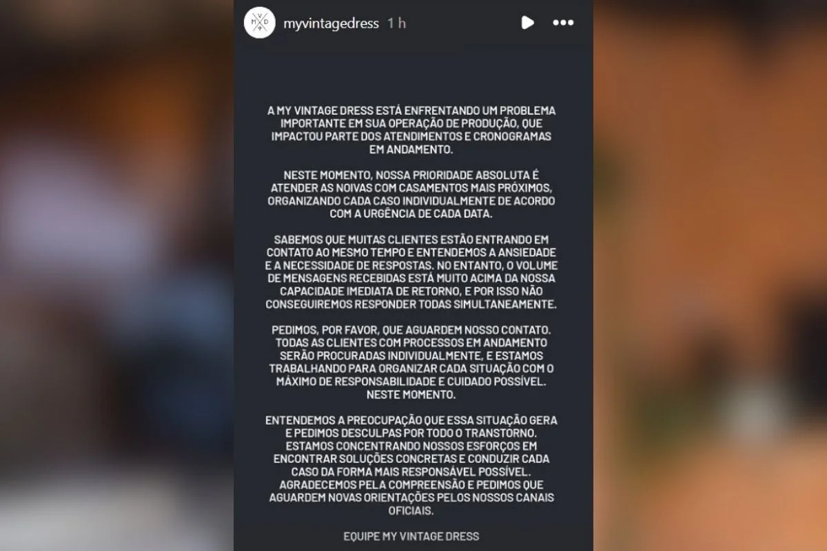 Loja de vestidos de noiva My Vintage Dress alegou que está que está “enfrentando um problema importante em sua operação” Loja de vestidos de noiva My Vintage Dress alegou que está que está “enfrentando um problema importante em sua operação”