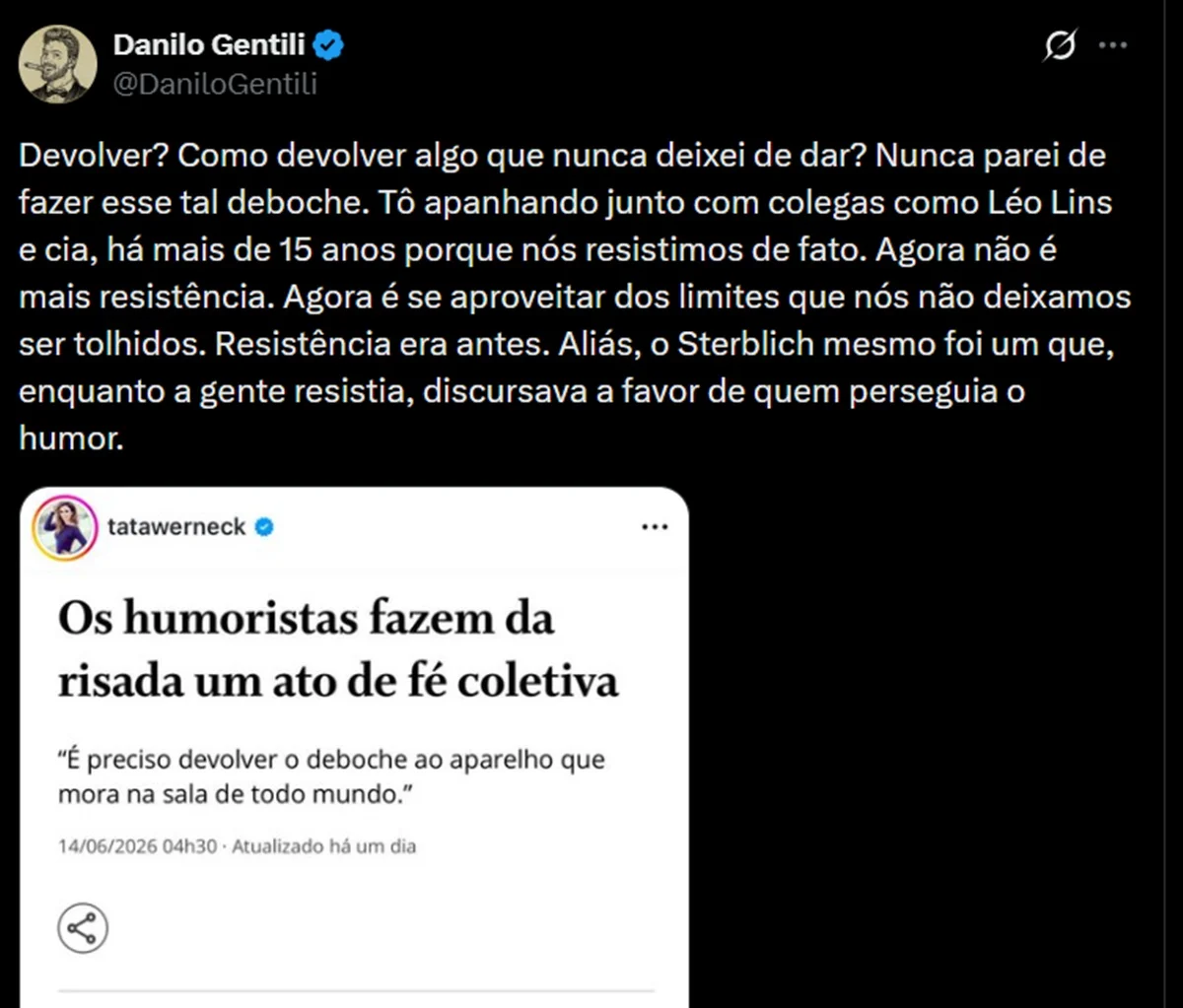 Danilo Gentili se irrita com elogios a Tatá e Sterblitch e rebate - imagem 1 Danilo Gentili se irrita com elogios a Tatá e Sterblitch e rebate - imagem 1