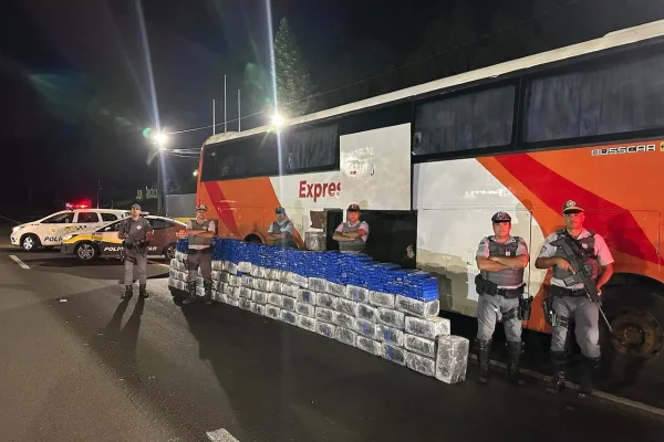 Imagem colorida mostra carga de uma tonelada e meia de maconha apreendida em ônibus dirigido por cidadãos paraguaios em Presidente Prudente - Metrópoles