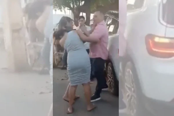 Imagem colorida do momento em que o delegado Paulo Hernesto Pereira Tavares, da Polícia Civil do Ceará, estapeia uma mulher - Metrópoles