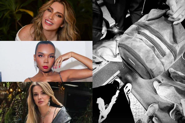 montagem com fotos de amanda meirelles, thelma assis e marcela mcgowan e foto preto e branco delas segurando mochilas - metrópoles
