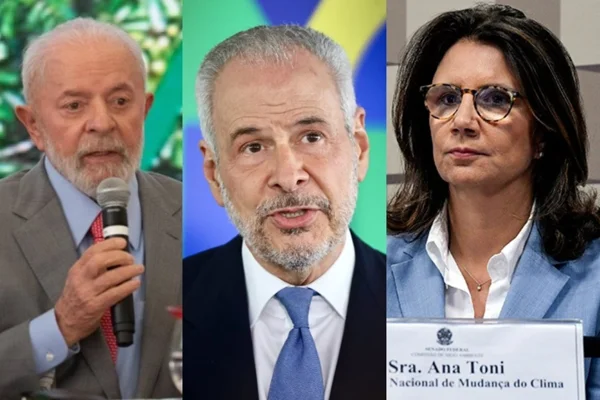 imagem colorida de Presidente Lula, embaixador André Correâ do Lago, presidente da COP 30 e Ana Toni, diretora-executiva da COP 30