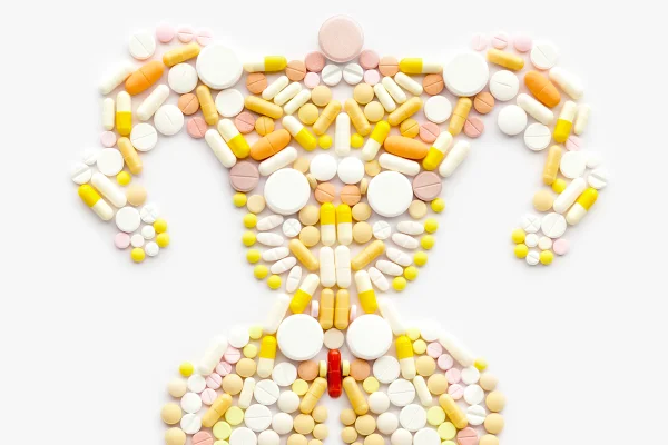 Drogas antidoping e hormônios esteróides na forma de um fisiculturista musculoso. Anabolizante esteroide vitamina suplemento oxandrolona dianabol deca durabolin
