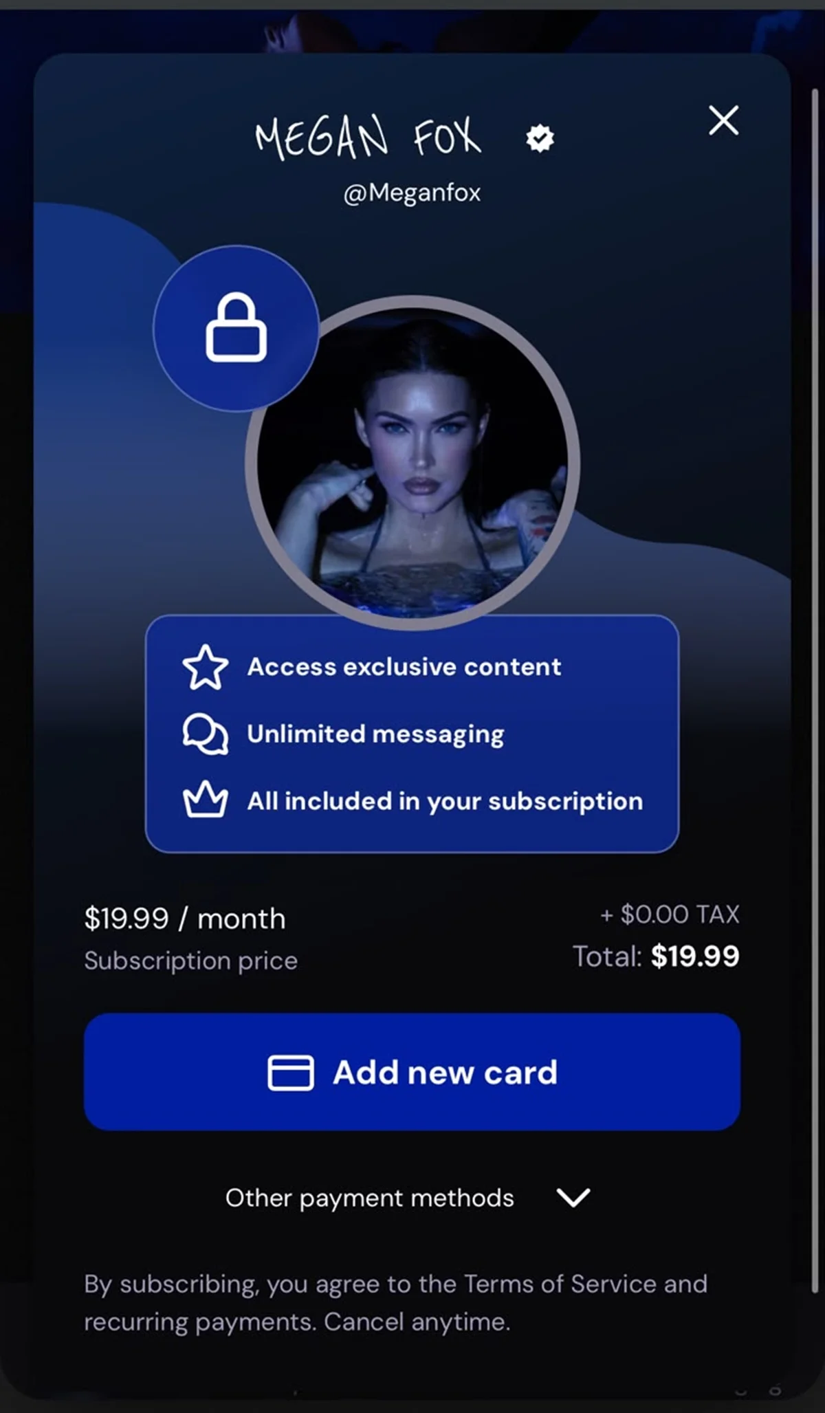 Perfil de Megan Fox em um plataforma de conteúdo +18 Perfil de Megan Fox em um plataforma de conteúdo +18