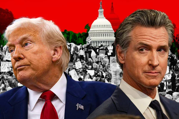 Imagem colorida de arte de Trump e governador da Califórnia - Metrópoles