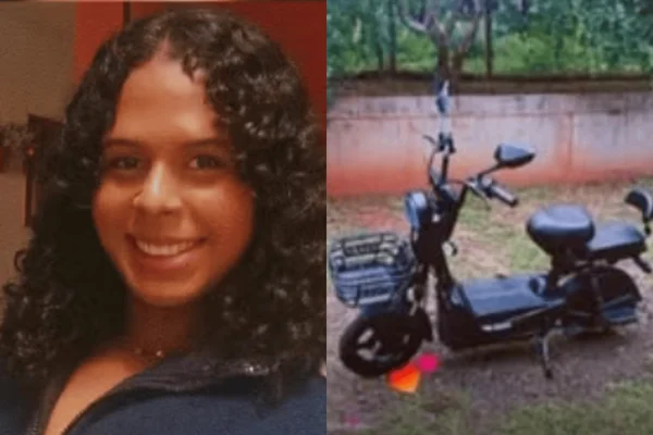 Imagem colorida de uma jovem negra à esquerda com uma bicicleta elétrica à direita - Metrópoles