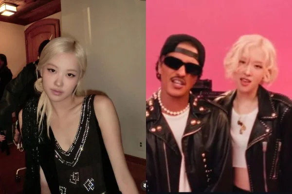 montagem colorida de fotos Rosé e Bruno Mars
