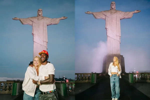 Montagem colorida de Virginia e Vini Jr. no Cristo Redentor - Metrópoles