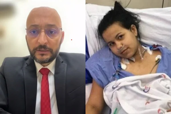 Esquerda homem careca, cavanhaque terno e gravata. Direita, jovem do sexo feminino em leito de hospital - Metrópoles