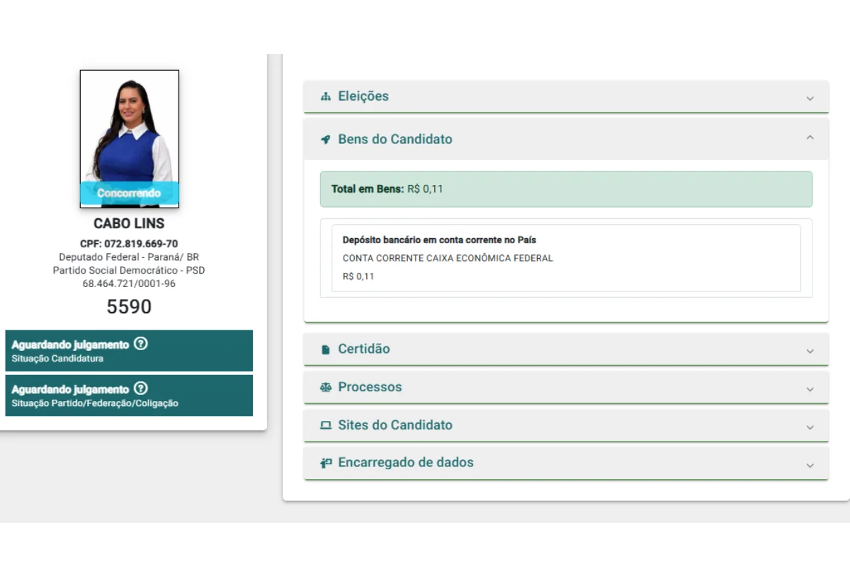Cristiane Lins de Andrade (PSD-PR), candidata a deputada federal pelo Paraná, declarou 11 centavos em bens. Cristiane Lins de Andrade (PSD-PR), candidata a deputada federal pelo Paraná, declarou 11 centavos em bens.