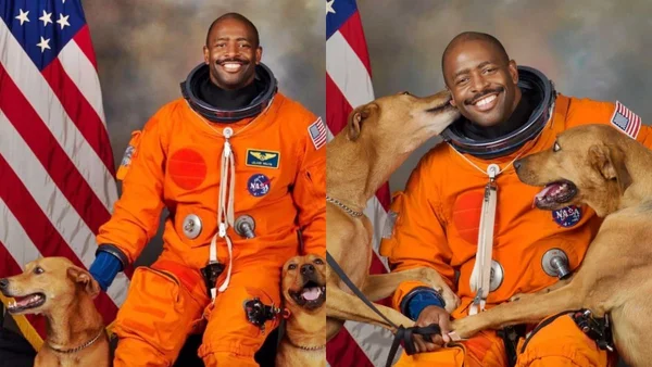Montagem com duas fotos colorida de astronauta ao lado de seus cães