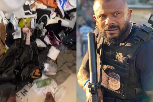 Montagem com duas imagens coloridas. À esqueda, objetos estão acumulados no chão. À direita, foto do delegado Da Cunha, de uniforme e segurando arma