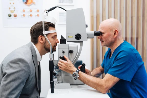 Foto colorida de de homem se consultando com oftalmologista - Presbiopia: entenda por que a visão muda depois dos 40 anos - Metrópoles.