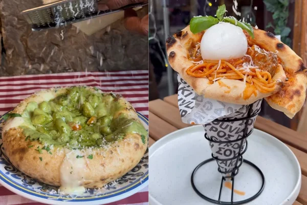 Montagem com massas servidas dentro de pizza