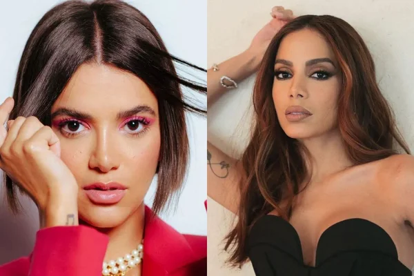 Anitta vestindo preto e Manu Gavassi de vermelhoem tela dividida