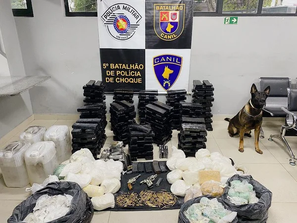Foto colorida de cão da PM ao lado de várias porções de drogas apreendidas - Metrópoles