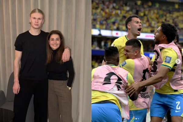 Montagem de foto de Rafaela Pimenta e Haalando ao lado de registro de jogadores da Seleção Brasileira