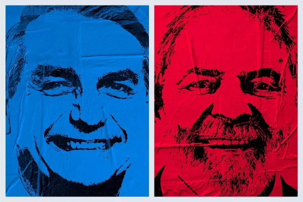 Ilustração com os rostos de Jair Bolsonaro e Lula, o primeiro em azul, o segundo em vermelho -- Metrópoles