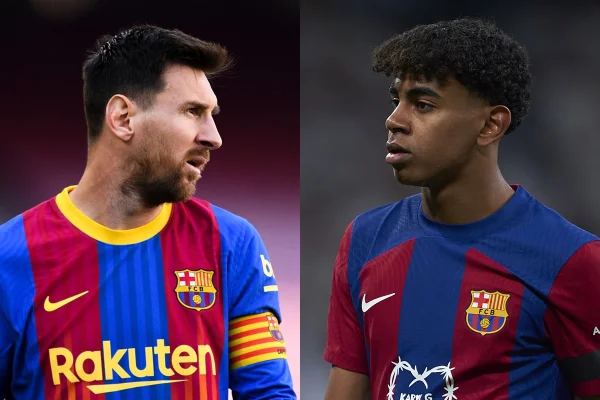 Montagem colorida de Lionel Messi e Lamine Yamal - Metrópoles