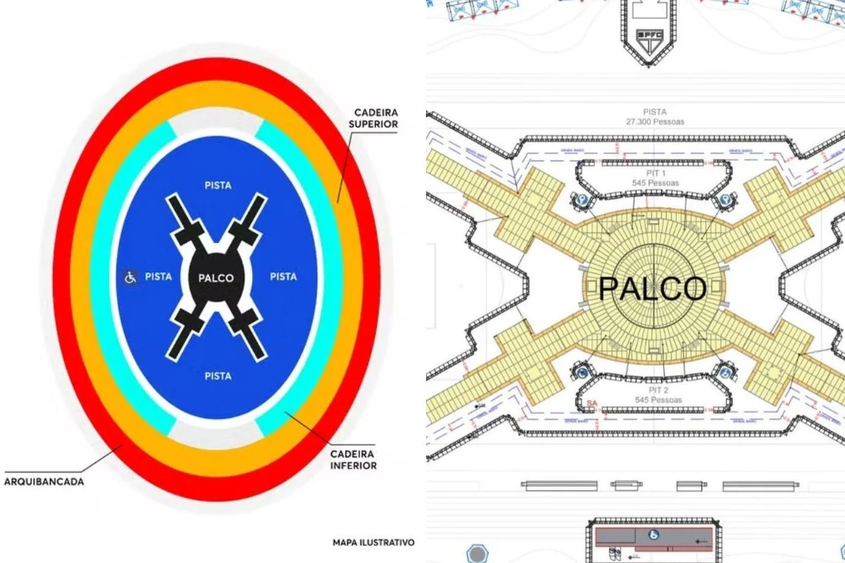 À esquerda, mapa divulgado com os setores destinados para compra de ingressos; à direita, mapa técnico da montagem do palco. À esquerda, mapa divulgado com os setores destinados para compra de ingressos; à direita, mapa técnico da montagem do palco.