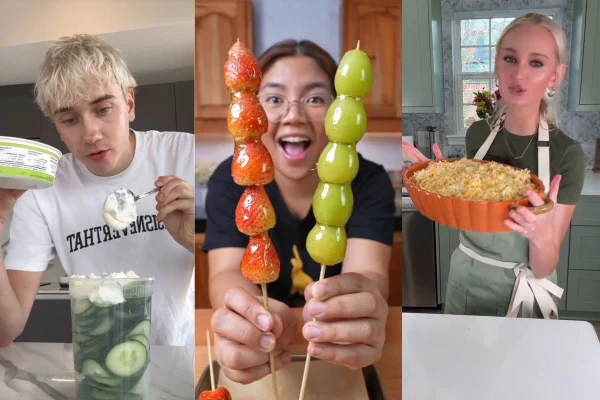 Montagem colorida de três pessoas comendo - Metrópoles