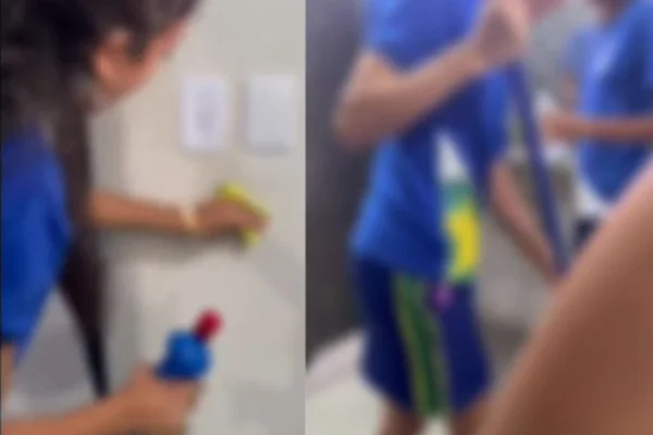 Trecho borrado de crianças limpando a escola - Metrópoles
