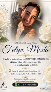 Felipe Moda será sepultado na tarde deste sábado (18/7) Felipe Moda será sepultado na tarde deste sábado (18/7)