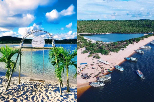 Imagem colorida mostra uma praia na Bahia e a região de Alter do Chão, em santarém, no Pará - Metrópoles