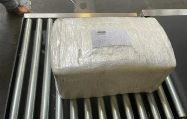 foto colorida de caixa com drogas que foi retirada de bagagem no Aeroporto de Guarulhos; segundo PF, PCC está por trás do esquema de bagagens - Metrópoles