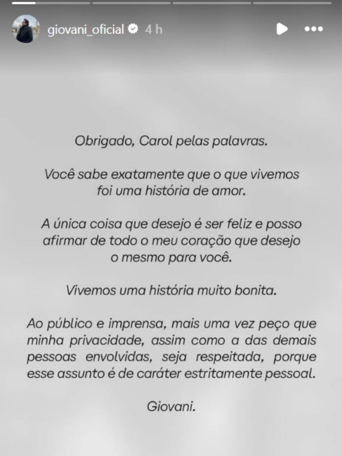 Nota de Giovani após desabafo da ex. Nota de Giovani após desabafo da ex.